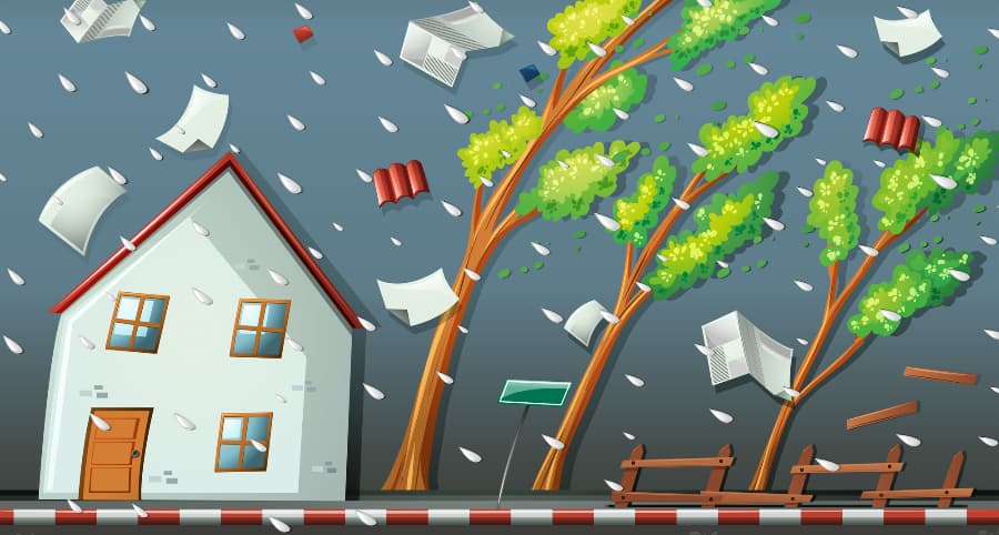 Representation of a storm affecting a house and surrounding environment