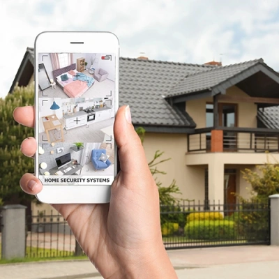 Port St. Lucie vivint phone display of cctv live feed in front of a house